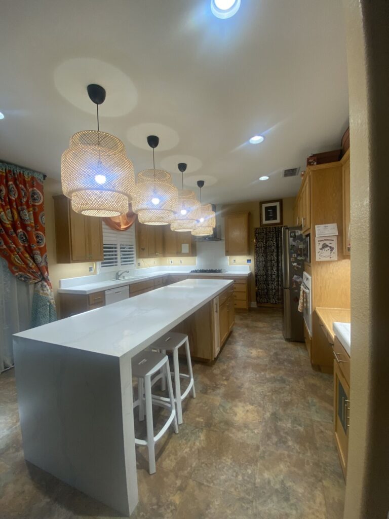 Island with new Quartz top and Lighting